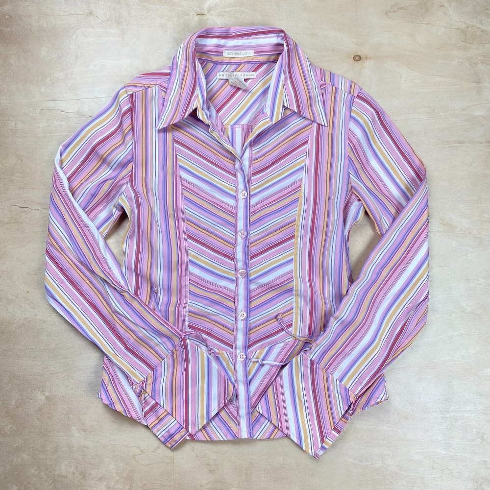 Antilia Femme Symmetrical Line Design Pink Neutral Button Up Blouse Top Women